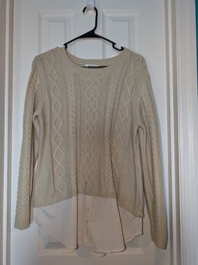 Monteau Cream Cable-Knit Sweater with Shirt Hem